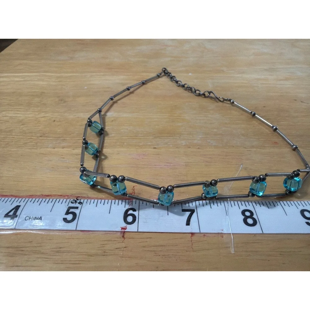 Turquoise Blue Square Glass Bead Liquid Silver‎ Bar Chain Necklace Boho Layering